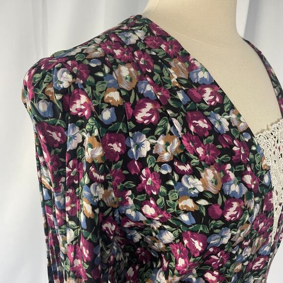 Vintage Midi Dress Size Medium Black Burgundy Floral Lace Cottage Garden 90s - Picture 3 of 16